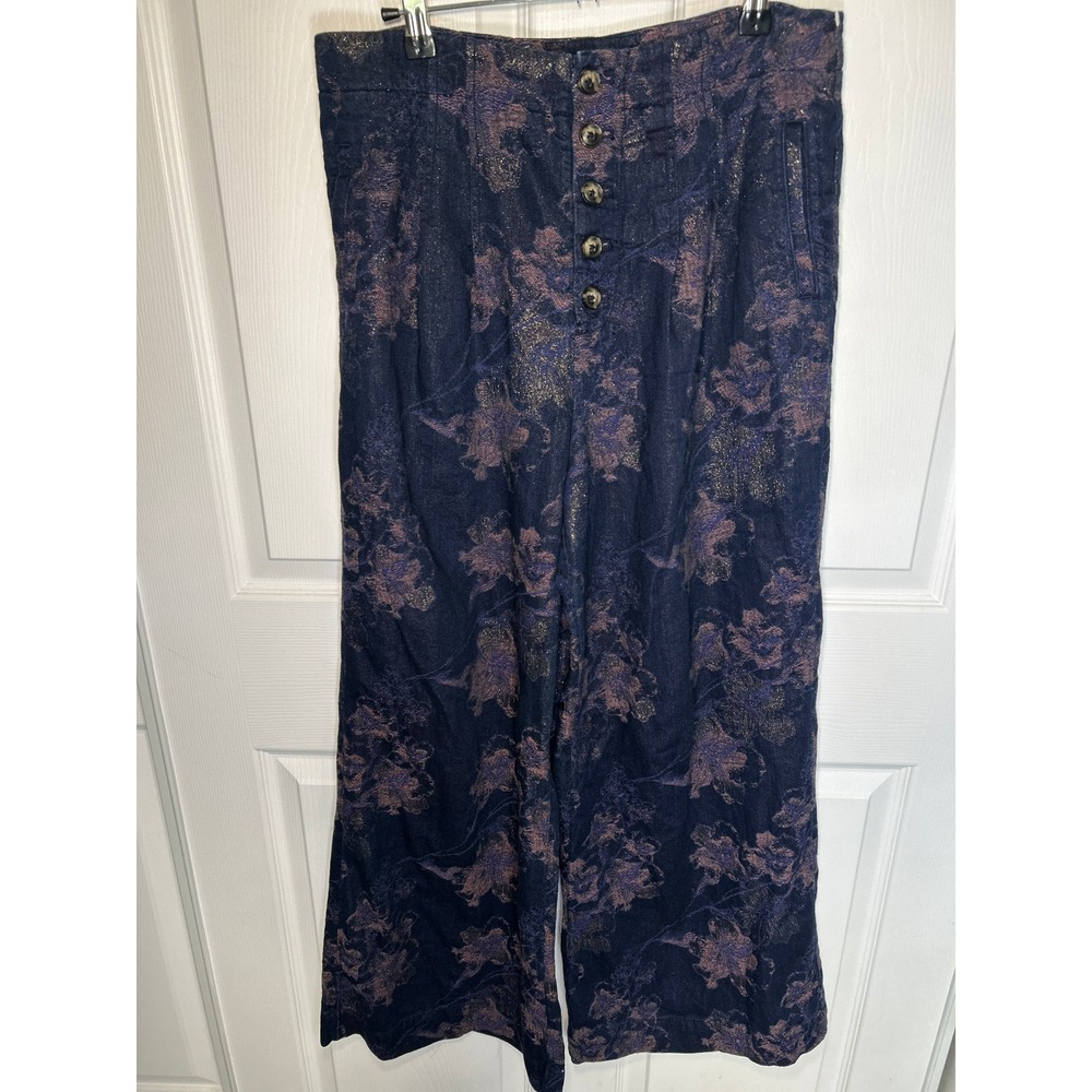 Pilcro Ultra High Rise Wide Leg Floral Jacquard Pants 29 Metallic Button Fly - Picture 2 of 10